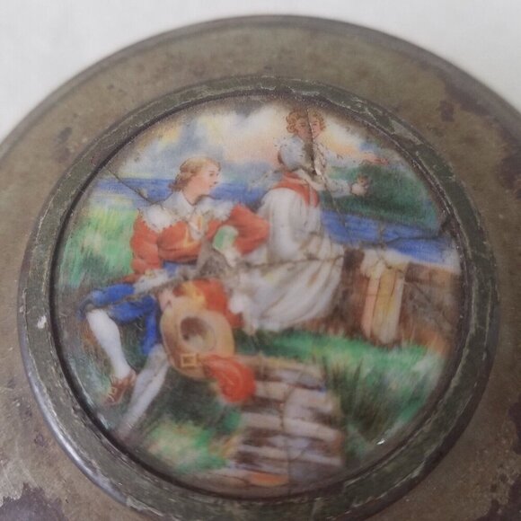 Antique Pre Reuge Music Box Musical‎ Powder Puff Metal Case with Porcelain Inlay - Picture 6 of 16